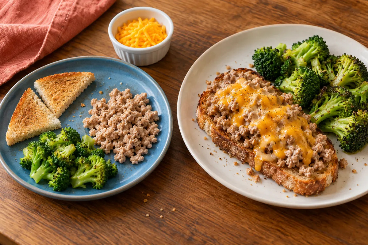 Meal prep for picky eaters: turkey, toast and broccoli served separately beside an assembled turkey-and-cheese toast