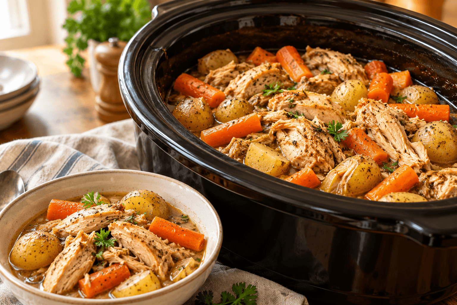 Kid-Friendly Crock Pot Meals: 10 Easy Slow Cooker Dinners 1 Kid-friendly crock pot meal with tender chicken and vegetables ready for family dinner