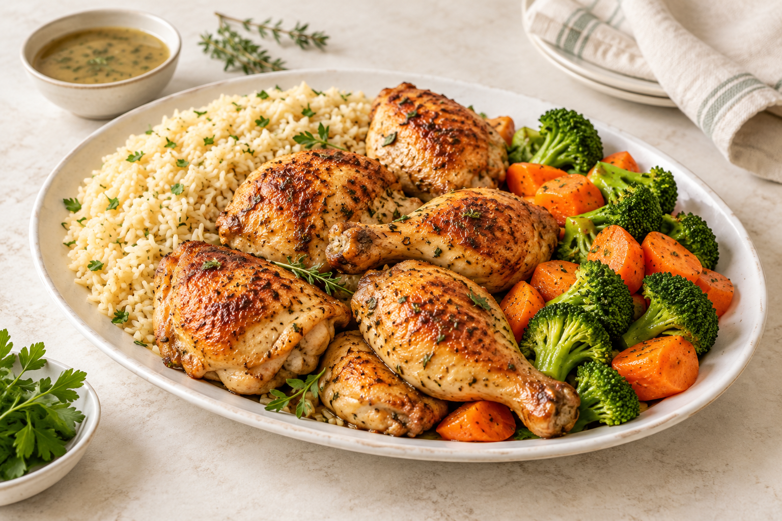 Home - Easy Recipes 3 Roasted chicken with rice, carrots and broccoli