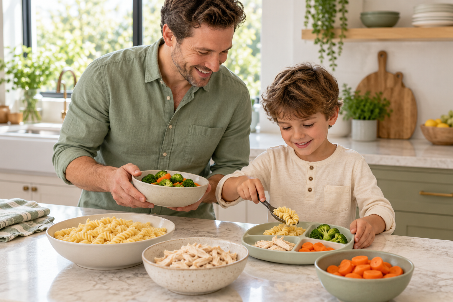 Home - Easy Recipes 10 Father and son preparing a family meal with pasta and vegetables