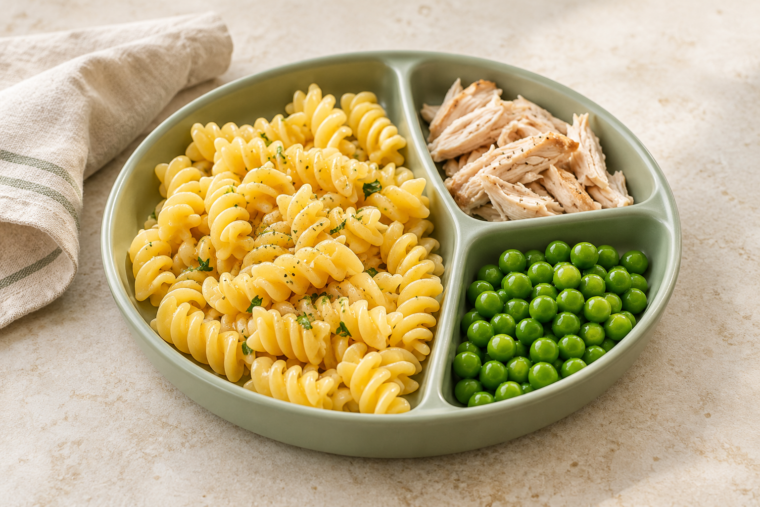 Home - Easy Recipes 1 Pasta, shredded chicken and peas served separately on a sage green plate
