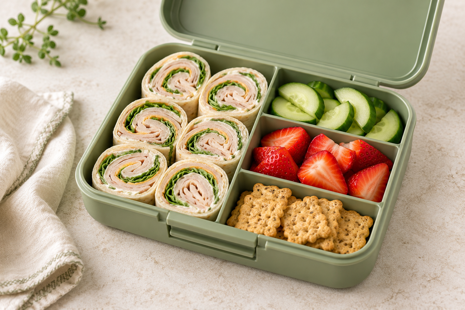 Home - Easy Recipes 2 Lunchbox with turkey pinwheels, cucumber, strawberries and crackers