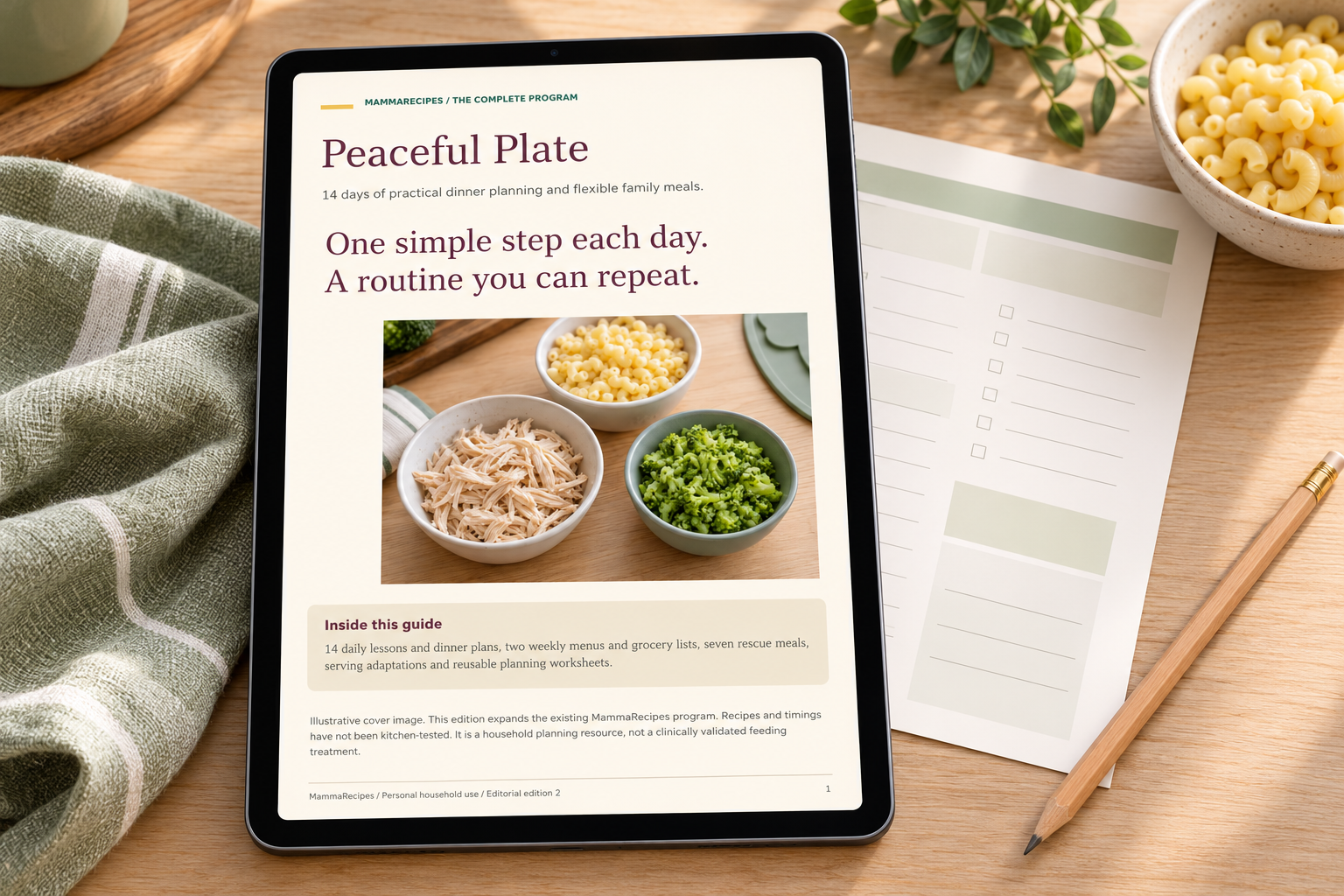 Home - Easy Recipes 11 Peaceful Plate digital guide displayed on a tablet beside a planning worksheet